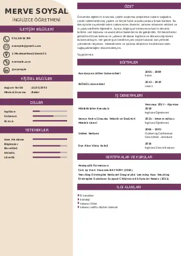 Yabancı Dil Öğretmeni Cv Örnekleri cv indir